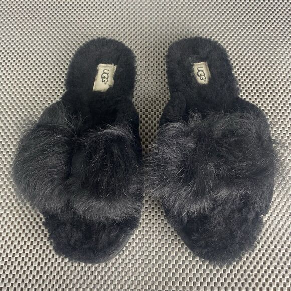 UGG Mirabelle Fluff Slide Slippers Womens 10 Black Front Bow Leather Sheepskin - Picture 1 of 13